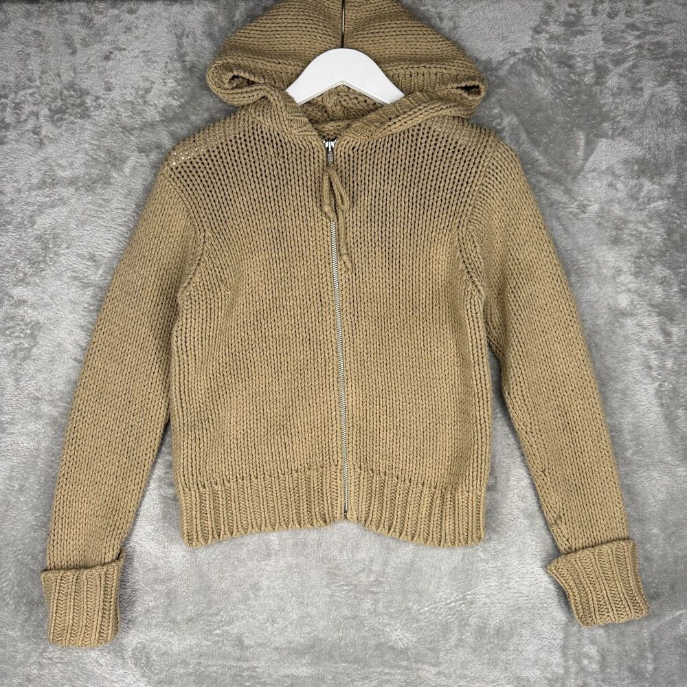 Vtg Y2K Gap Sweater Hoodie Womens Small Tan Chunky Knit Full Zip Cuffed 2000